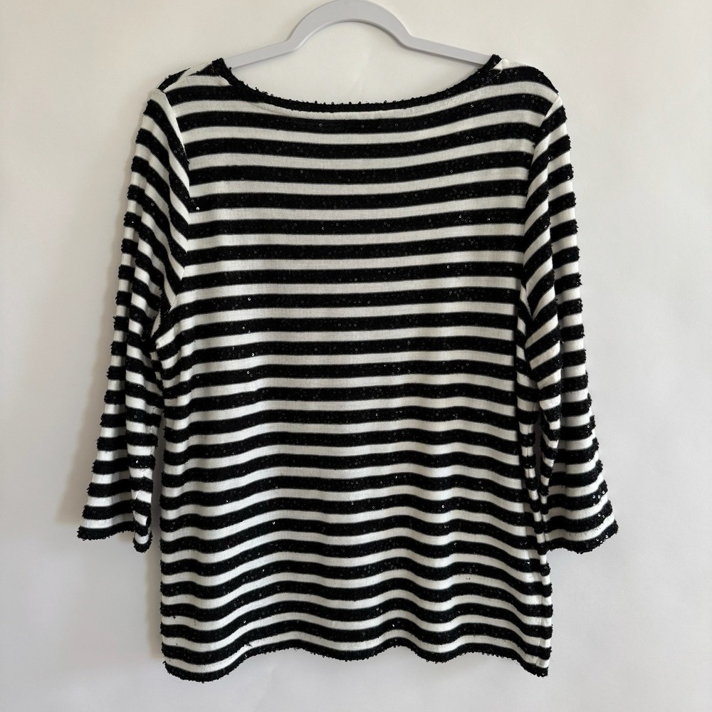 Talbots Black White Striped Sequin Sweater 3/4 Sleeve 1X Holiday NYE Festive‎ - Picture 4 of 8